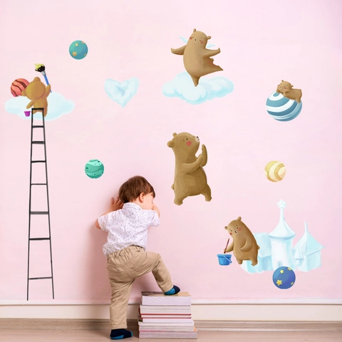 Cartoon Bear Wall Stickers For Kids Room Decor Waterproof PVC Wall Decals With Planet Castle Hearts For Nursery Bedroom DIY Decor