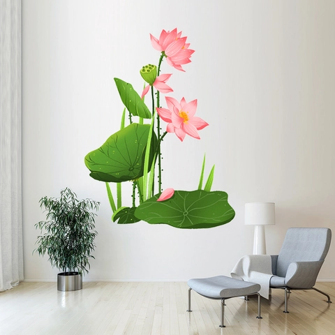 Lotus Blume Wandtattoo Rosa Lotus Grünes Blatt PVC Abnehmbar Wasserdicht Wandbild Für Wohnzimmer Schlafzimmer Küche Haus Wand Dekoration