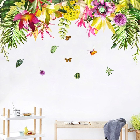 Adhesivo de Pared de Planta Tropical Flor Mariposa Hoja de Palma Para Hogar Sala de Estar Dormitorio Mural Decorativo