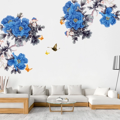 Adesivo da Parete con Rami di Fiori di Peonia Blu e Farfalla in PVC Impermeabile Decalcomanie da Muro per Soggiorno Camera da Letto Ingresso