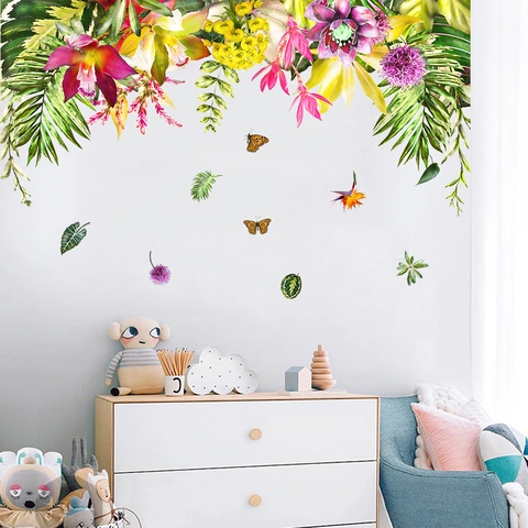 Adhesivo de Pared de Planta Tropical Flor Mariposa Hoja de Palma Para Hogar Sala de Estar Dormitorio Mural Decorativo