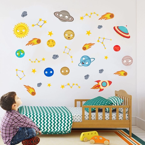 Cartoon Outer Space Planets Wall Stickers For Kids Room Removable PVC Solar System Rocket UFO Stars DIY Nursery Wall Decor