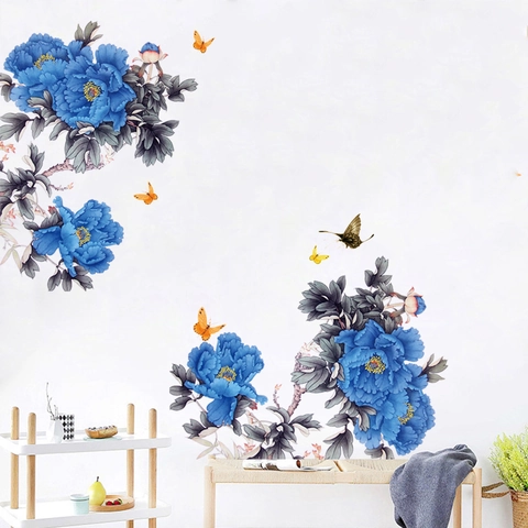 Adesivo da Parete con Rami di Fiori di Peonia Blu e Farfalla in PVC Impermeabile Decalcomanie da Muro per Soggiorno Camera da Letto Ingresso