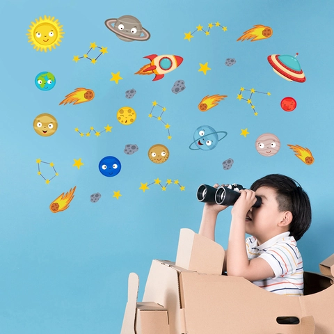 Cartoon Outer Space Planets Wall Stickers For Kids Room Removable PVC Solar System Rocket UFO Stars DIY Nursery Wall Decor