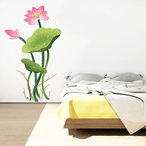Eleganti Adesivi Murali Fiore di Loto Rosa Foglia Verde PVC Impermeabili Rimovibili per Soggiorno Camera da Letto Decorazione
