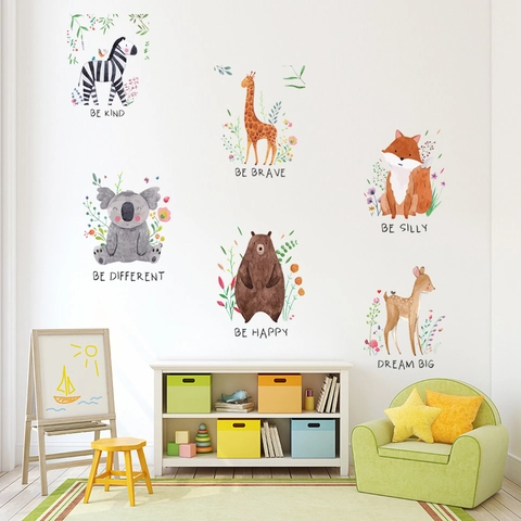 Pegatinas de Pared Animales Cuarto Niños PVC Acuarela Cebra Jirafa Koala Zorro Oso Ciervo Calcomanías Frases Motivadoras Decoración
