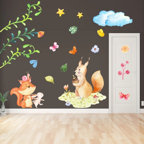 Watercolor Forest Animals Wall Stickers Squirrel Fox Rabbit Clouds Stars Waterproof PVC Wall Decals For Kids Room Decor