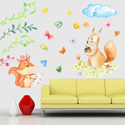 Watercolor Forest Animals Wall Stickers Squirrel Fox Rabbit Clouds Stars Waterproof PVC Wall Decals For Kids Room Decor