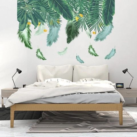 Tropische Grüne Blätter Federn Wandaufkleber PVC Wasserdicht Abnehmbar Wandtattoo Wohnzimmer Schlafzimmer Minimalist Home Decor