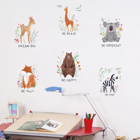 Pegatinas de Pared Animales Cuarto Niños PVC Acuarela Cebra Jirafa Koala Zorro Oso Ciervo Calcomanías Frases Motivadoras Decoración