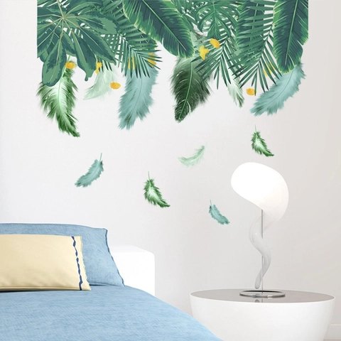 Tropische Grüne Blätter Federn Wandaufkleber PVC Wasserdicht Abnehmbar Wandtattoo Wohnzimmer Schlafzimmer Minimalist Home Decor