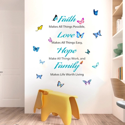 Faith Love Hope Family Citas Inspiradoras Pegatina de Pared Con Mariposas Coloridas Removible PVC Impermeable Calcomanía para Dormitorio Sala de Estar Decoración Hogar