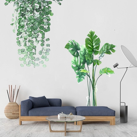 Adesivi Murali con Foglie di Monstera Tropicale ad Acquerello Pianta Verde per Soggiorno Camera da Letto Bagno Decorazione Casa PVC