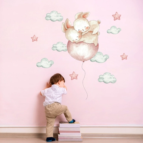 Watercolor Rabbit Hot Air Balloon Wall Stickers For Kids Room Nursery Decor PVC Waterproof Pink Clouds Stars Hand Painted Style Decal