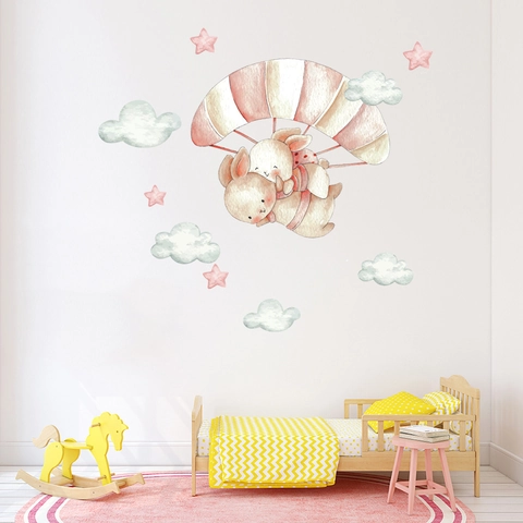 Watercolor Rabbit Parachute PVC Wall Stickers For Kids Nursery Bedroom Clouds Stars Decorative Removable Cartoon Wall Decals