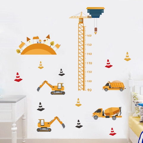 Engineering Vehicle Height Chart Wall Sticker For Kids Room PVC Cartoon Excavator Crane Waterproof Decor Mural Decal