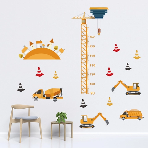 Engineering Vehicle Height Chart Wall Sticker For Kids Room PVC Cartoon Excavator Crane Waterproof Decor Mural Decal