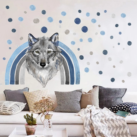 Nordic Watercolor Wolf Rainbow Wall Sticker DIY Polka Dot Nursery Decal For Kids Room Living Room PVC Home Decor Art