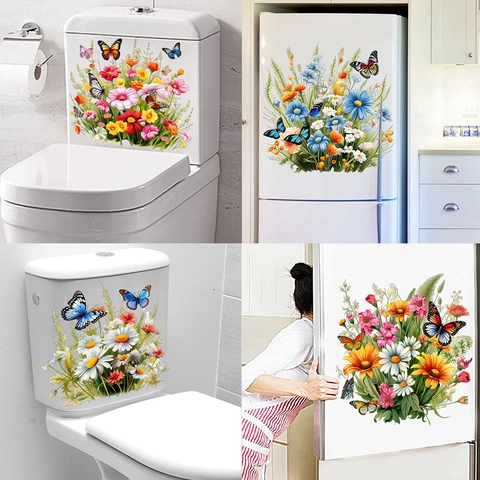Adesivo da Parete Impermeabile in PVC con Fiori e Farfalle Decalcomania Autoadesiva per Bagno Toilette Frigorifero Decorazione