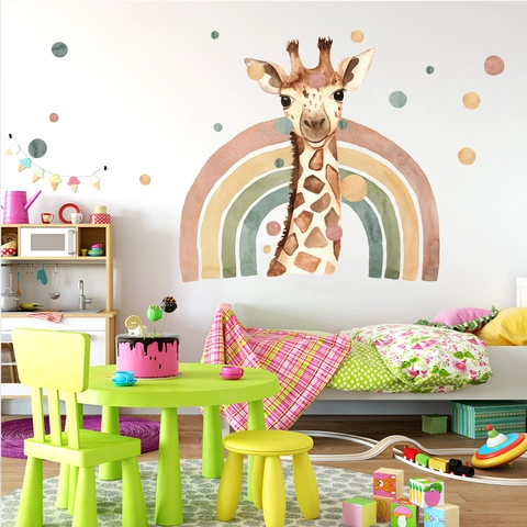 Aquarell Giraffe Regenbogen Wandaufkleber Für Kinderzimmer Nordisch Morandi Punktmuster Wasserdicht PVC Abnehmbar Deko Wandtattoo