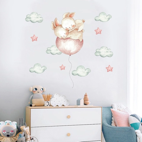 Watercolor Rabbit Hot Air Balloon Wall Stickers For Kids Room Nursery Decor PVC Waterproof Pink Clouds Stars Hand Painted Style Decal