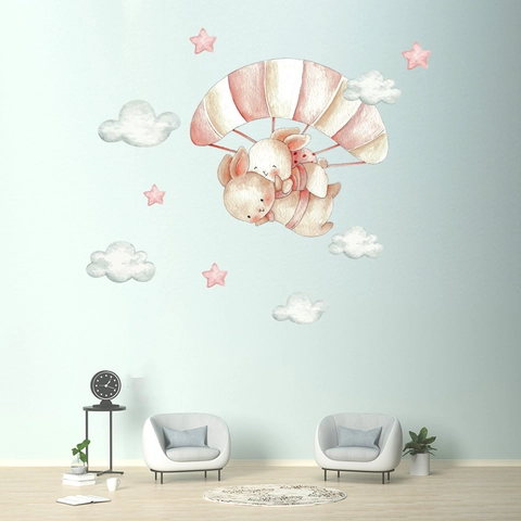 Watercolor Rabbit Parachute PVC Wall Stickers For Kids Nursery Bedroom Clouds Stars Decorative Removable Cartoon Wall Decals