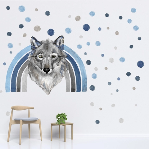 Nordic Watercolor Wolf Rainbow Wall Sticker DIY Polka Dot Nursery Decal For Kids Room Living Room PVC Home Decor Art