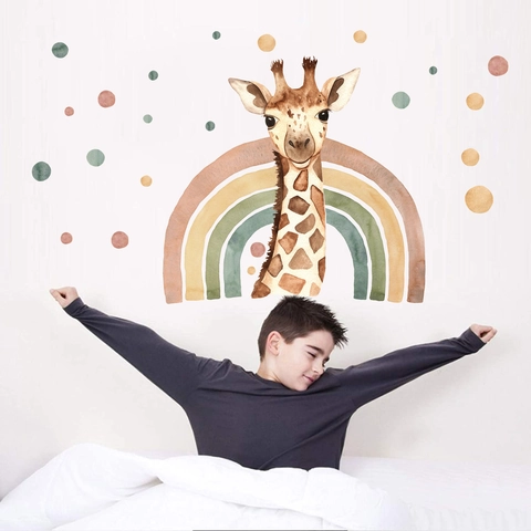 Aquarell Giraffe Regenbogen Wandaufkleber Für Kinderzimmer Nordisch Morandi Punktmuster Wasserdicht PVC Abnehmbar Deko Wandtattoo