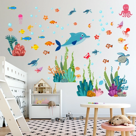Underwater World Ocean Animal Wall Stickers Cartoon Dolphin Sea Turtle Octopus Waterproof PVC Wall Decals For Kids Room Nursery Decor