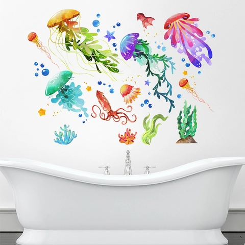Watercolor Underwater World Jellyfish Seaweed Wall Stickers Waterproof PVC Removable Decals Kids Room Home Decoration