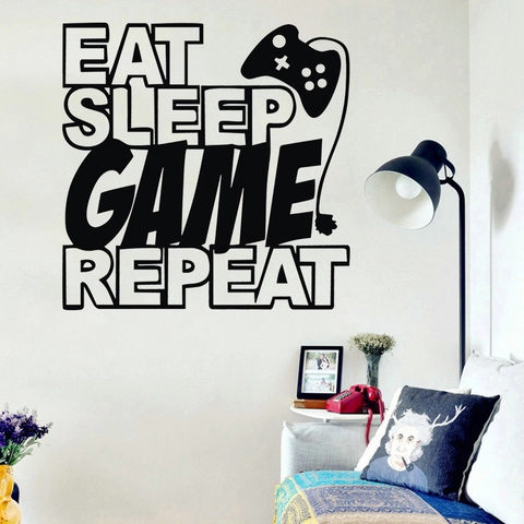 Gaming Wall Decal Eat Sleep Game Repeat Controller Pattern Waterproof PVC Wall Sticker For Boys Bedroom Game Room Decor