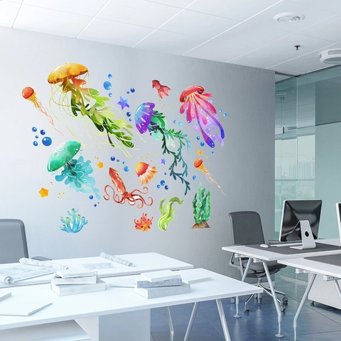 Watercolor Underwater World Jellyfish Seaweed Wall Stickers Waterproof PVC Removable Decals Kids Room Home Decoration