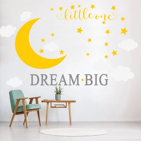Dream Big Little One Wandaufkleber Cartoon Gelber Mond Weiße Wolken Sterne PVC Wasserdichte Kinderzimmer Deko Aufkleber