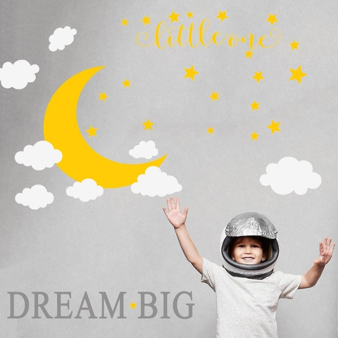 Dream Big Little One Wandaufkleber Cartoon Gelber Mond Weiße Wolken Sterne PVC Wasserdichte Kinderzimmer Deko Aufkleber
