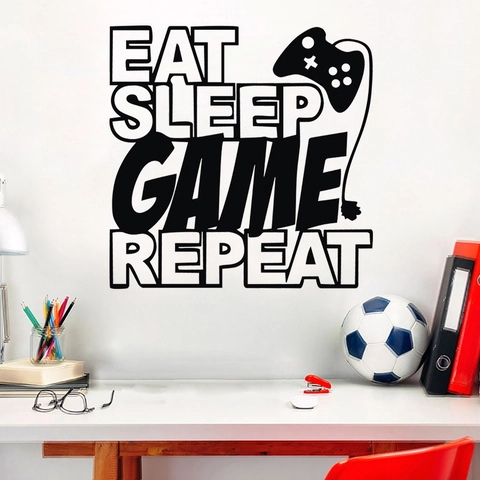 Gaming Wall Decal Eat Sleep Game Repeat Controller Pattern Waterproof PVC Wall Sticker For Boys Bedroom Game Room Decor