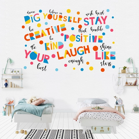 Colorful Inspirational Quotes Wall Decals For Kids Room Bedroom Decor PVC Waterproof Motivational Phrase Polka Dot Wall Stickers