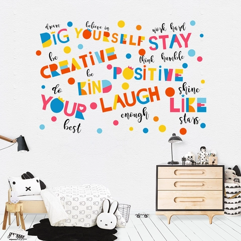 Colorful Inspirational Quotes Wall Decals For Kids Room Bedroom Decor PVC Waterproof Motivational Phrase Polka Dot Wall Stickers
