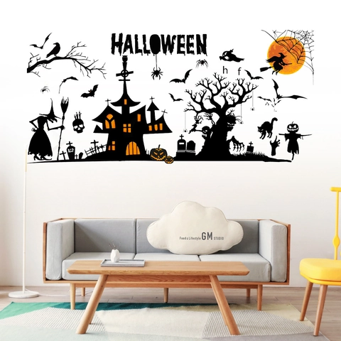 Pegatinas de Pared de Halloween PVC Silueta Castillo de Brujas para Sala de Estar Dormitorio Fiesta Decoración de Pared