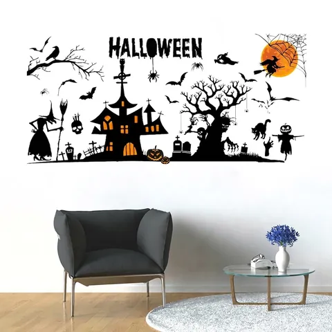 Pegatinas de Pared de Halloween PVC Silueta Castillo de Brujas para Sala de Estar Dormitorio Fiesta Decoración de Pared