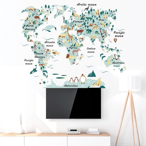 Cartoon Tier Weltkarte Wandaufkleber Wasserdicht Pädagogische Geographie Wandtattoos Für Kinderzimmer Schlafzimmer Deko