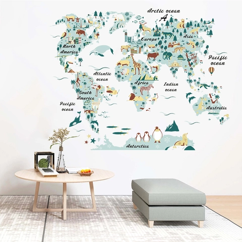 Cartoon Tier Weltkarte Wandaufkleber Wasserdicht Pädagogische Geographie Wandtattoos Für Kinderzimmer Schlafzimmer Deko