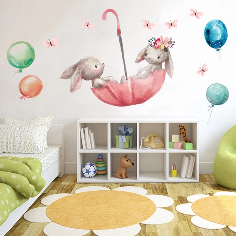 Adesivi Murali Coniglio Ombrello Palloncino Acquerello Per Cameretta Bambini PVC Impermeabile Cartone Animato Decalcomanie