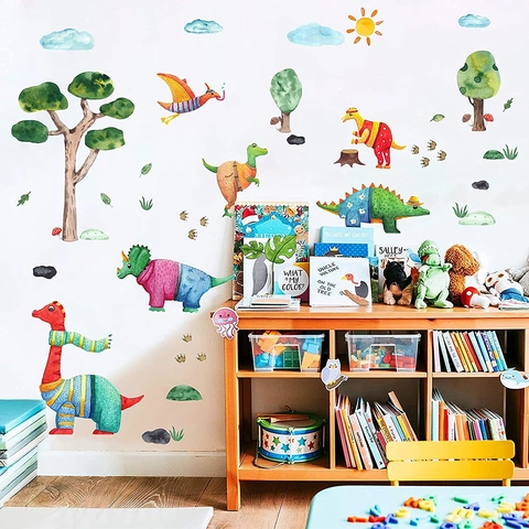 Watercolor Dinosaur Footprints Wall Stickers PVC Removable Tree Sun Clouds Decor For Kids Room Nursery Bedroom Cartoon Wall Decal