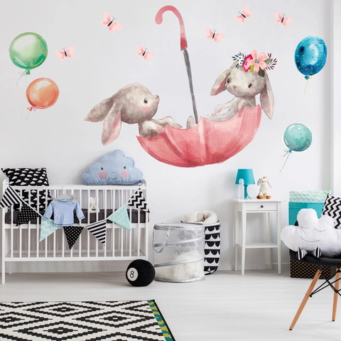 Adesivi Murali Coniglio Ombrello Palloncino Acquerello Per Cameretta Bambini PVC Impermeabile Cartone Animato Decalcomanie