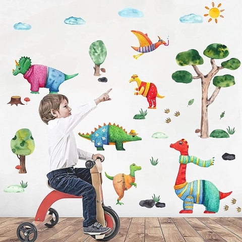 Watercolor Dinosaur Footprints Wall Stickers PVC Removable Tree Sun Clouds Decor For Kids Room Nursery Bedroom Cartoon Wall Decal
