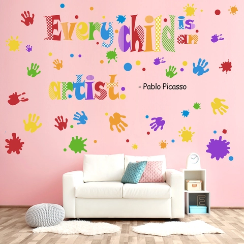 Cada Niño Es Un Artista Pablo Picasso Vinilo Pared Huella Mano Colorida PVC Decoración Artística Cuarto Niños