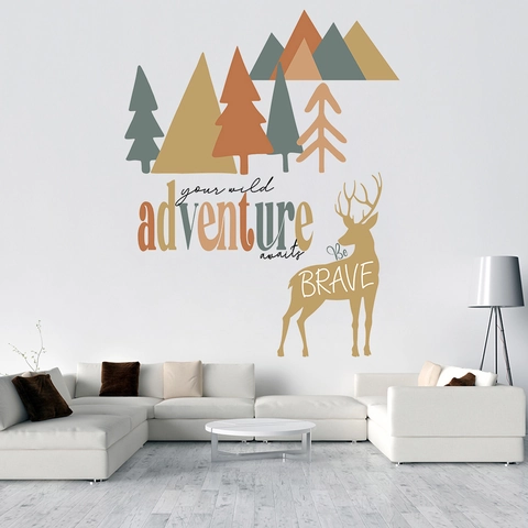 Nordischer Stil Wald Hirsch Berg PVC Wandaufkleber Abnehmbar Wasserdicht Adventure Awaits Dekoratives Wandbild Für Zuhause