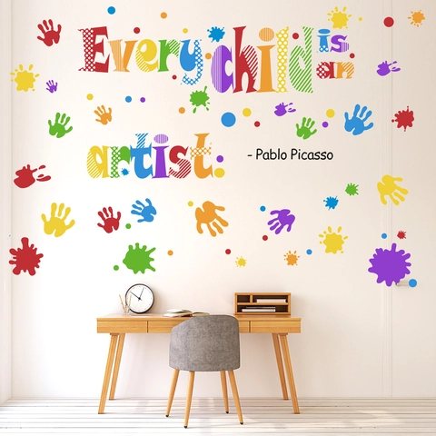 Cada Niño Es Un Artista Pablo Picasso Vinilo Pared Huella Mano Colorida PVC Decoración Artística Cuarto Niños