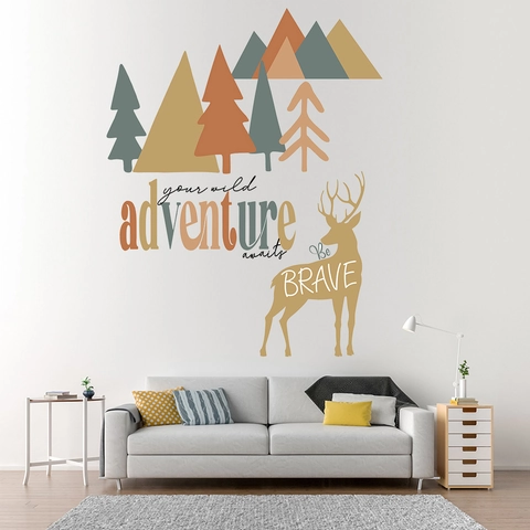 Nordischer Stil Wald Hirsch Berg PVC Wandaufkleber Abnehmbar Wasserdicht Adventure Awaits Dekoratives Wandbild Für Zuhause