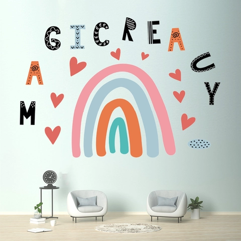 Stickers Muraux Colorés Arc-en-Ciel Cœur Alphabet Pour Chambre d'Enfant Salon Décoration PVC Imperméable Mural Maison